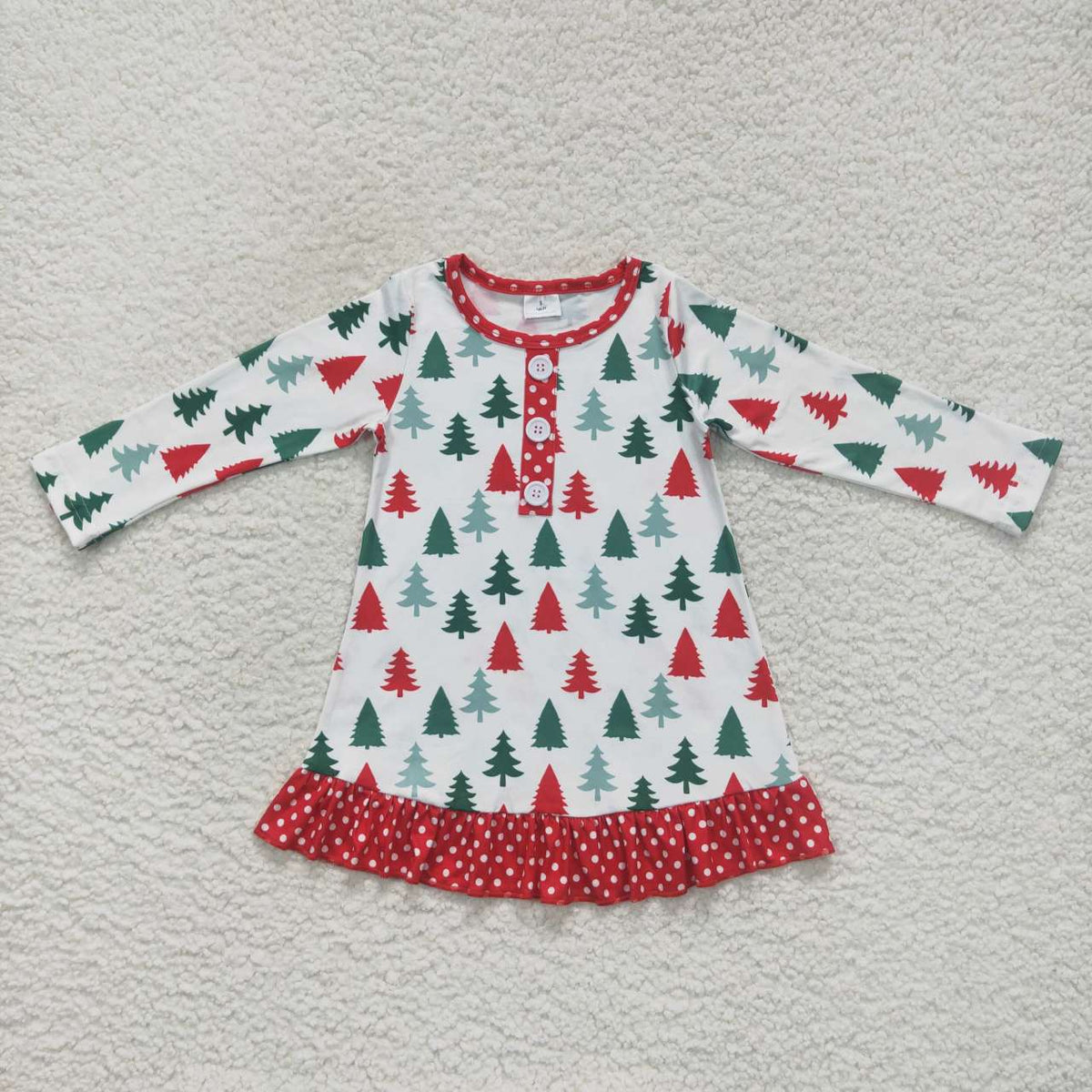 GLD0404 Tree Print Girls Christmas Knee Length Dress
