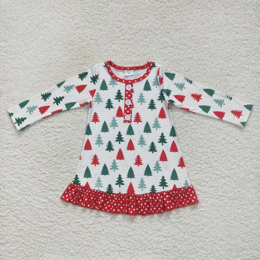 GLD0404 Tree Print Girls Christmas Knee Length Dress
