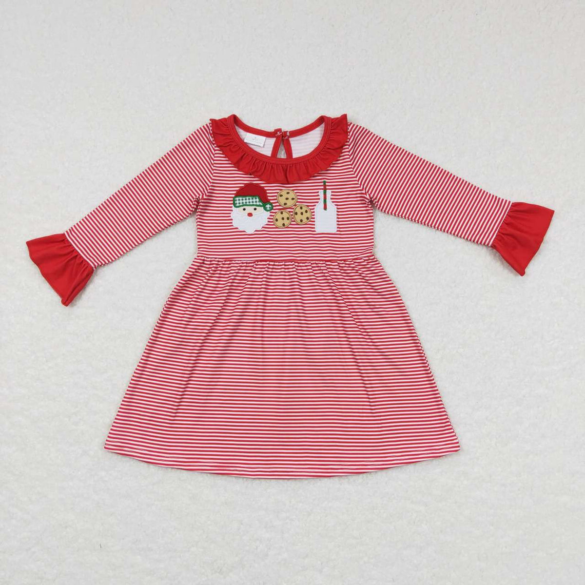 GLD0411 Santa Cookies Milk Embroidery Red Stripes Girls Christmas Knee Length Dress
