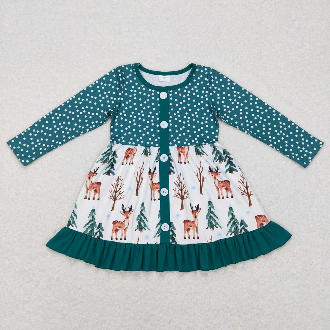 Sibling Baby Girls Deer Plaid Button Pockets Christmas Ruffle Knee Length Dresses