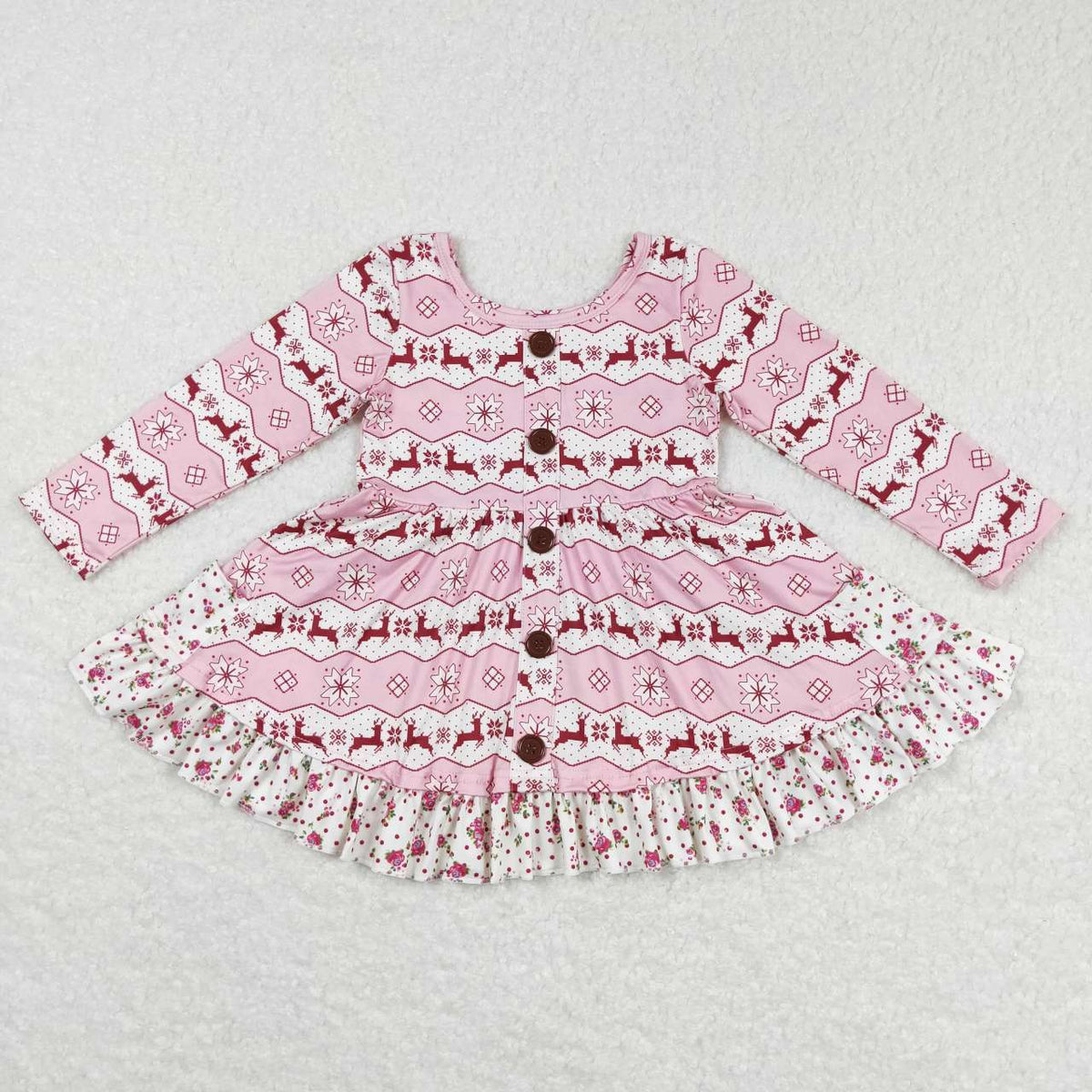 GLD0433 Deer Pink Small Flowers Print Girls Christmas Knee Length Dress