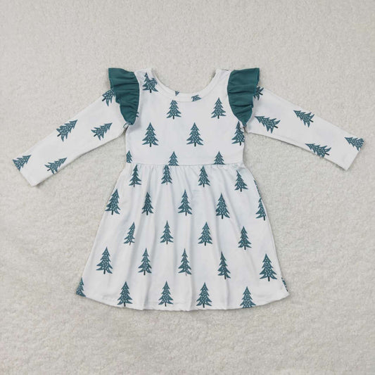 GLD0440 Tree Print Girls Christmas Knee Length Dress