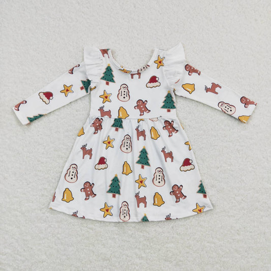 GLD0442 Gingerbread Print Girls Christmas Knee Length Dress