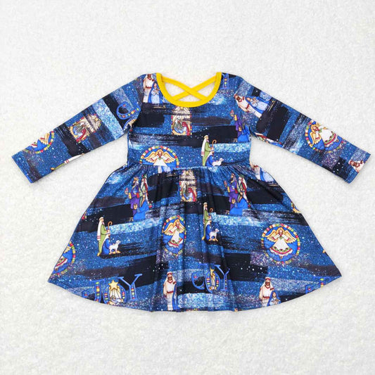 GLD0371 Nativity Blue Print Girls Christmas Knee Length Dress