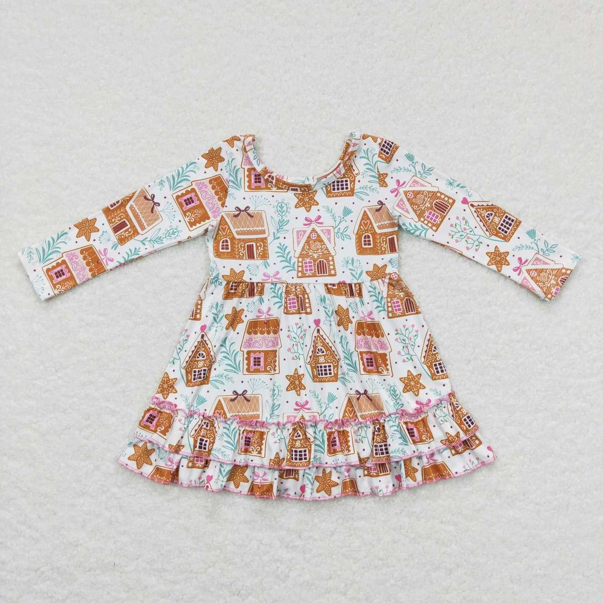GLD0447 Candy House Print Ruffle Girls Christmas Knee Length Dress