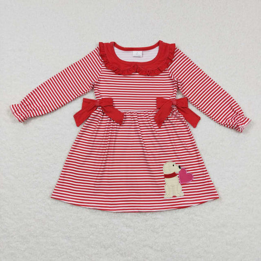 GLD0448 Dog Heart Embroidery Red Stripes Girls Valentine's Day Knee Length Dress