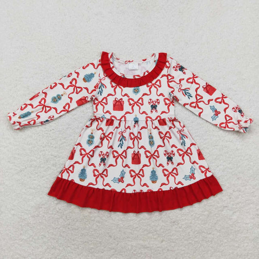 GLD0523 Candy Cane Tree Bows Print Girls Christmas Knee Length Ruffle Dress