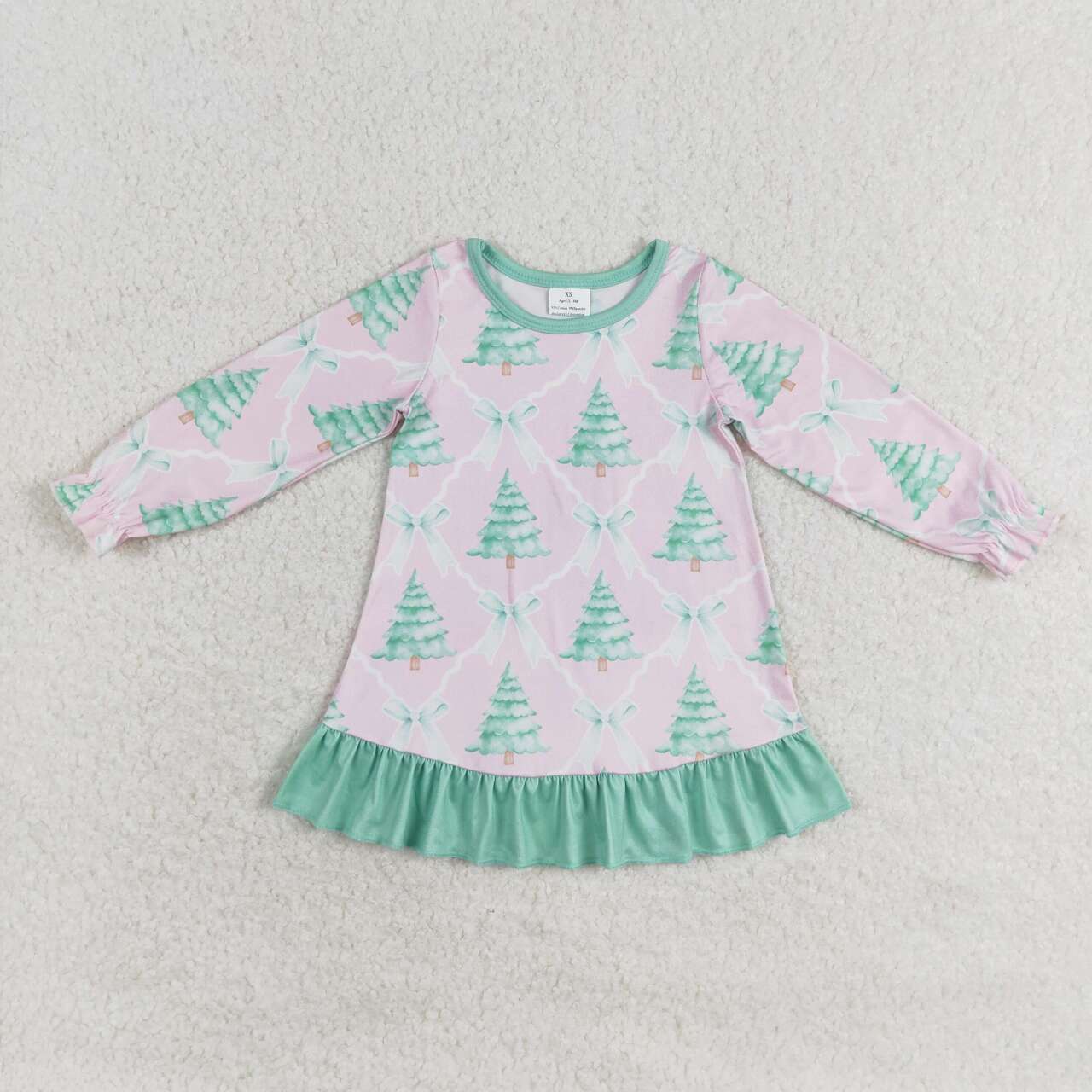 GLD0538 Tree Bows Print Girls Christmas Knee Length Ruffle Dress
