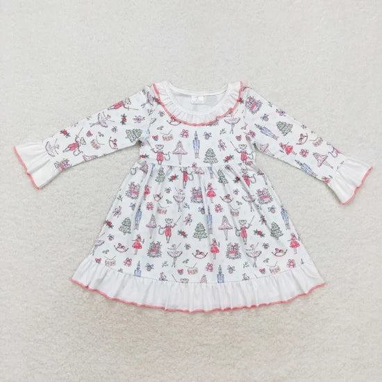 Sibling Baby Girls Christmas Cartoon Bow Long Sleeve Dress