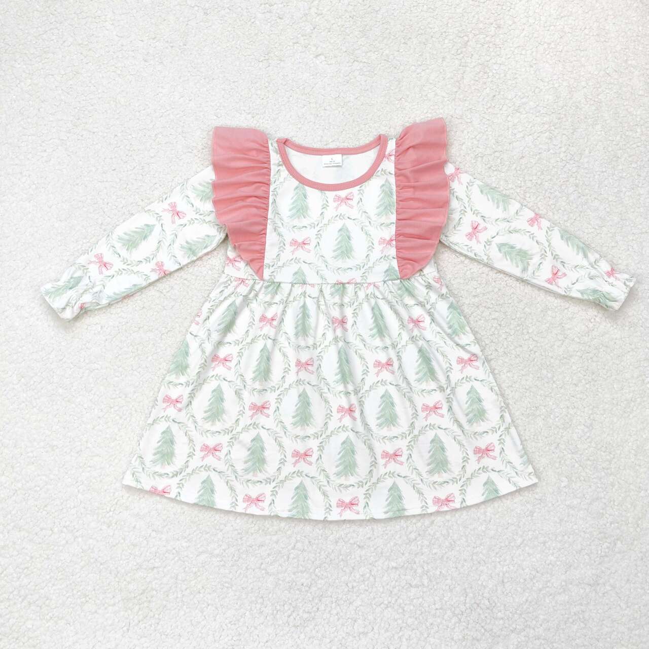 GLD0555 Tree Bows Print Girls Christmas Knee Length Dress