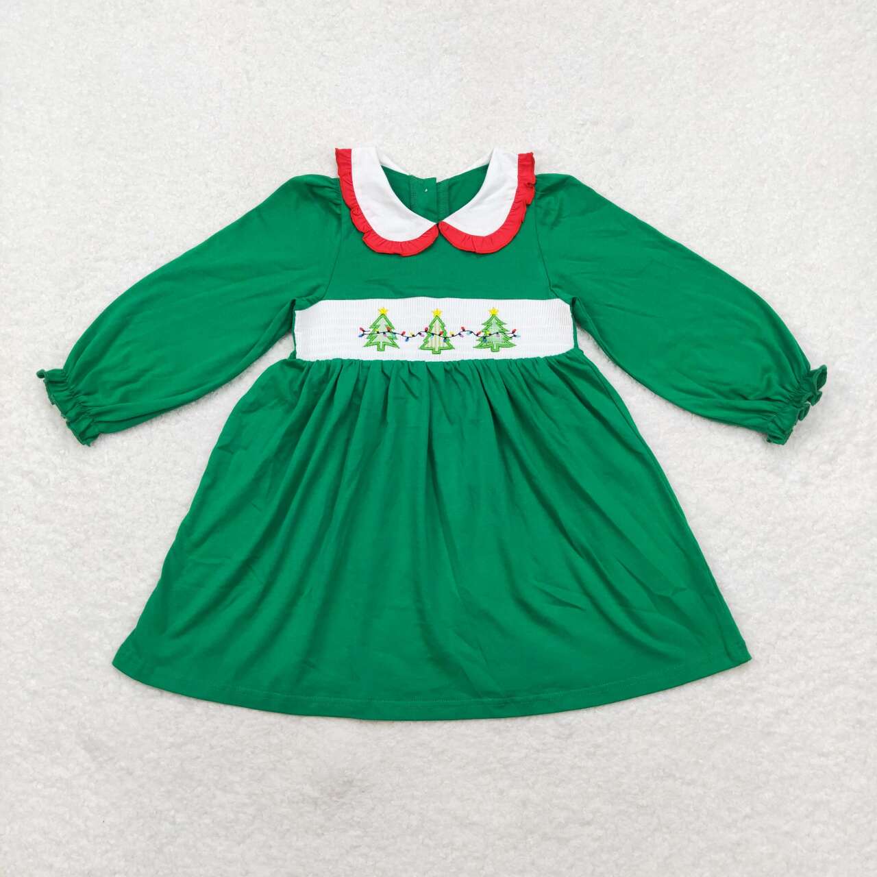 GLD0559 Tree Embroidery Green Cotton Girls Christmas Knee Length Smocked Dress