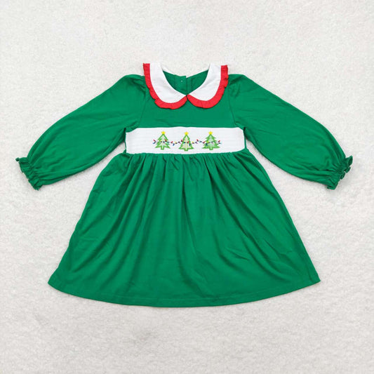 GLD0559 Tree Embroidery Green Cotton Girls Christmas Knee Length Smocked Dress