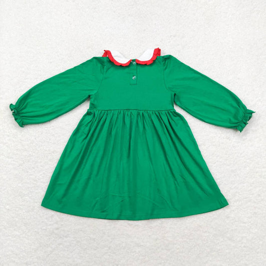 GLD0559 Tree Embroidery Green Cotton Girls Christmas Knee Length Smocked Dress