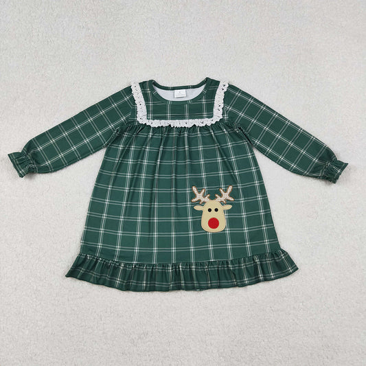 GLD0561  Deer Embroidery Green Checkered Print Girls Christmas Knee Length Ruffle Dress