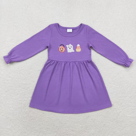 GLD0575 Pumpkin Ghost Candy Embroidery Purple Cotton Girls Halloween Knee Length Dress