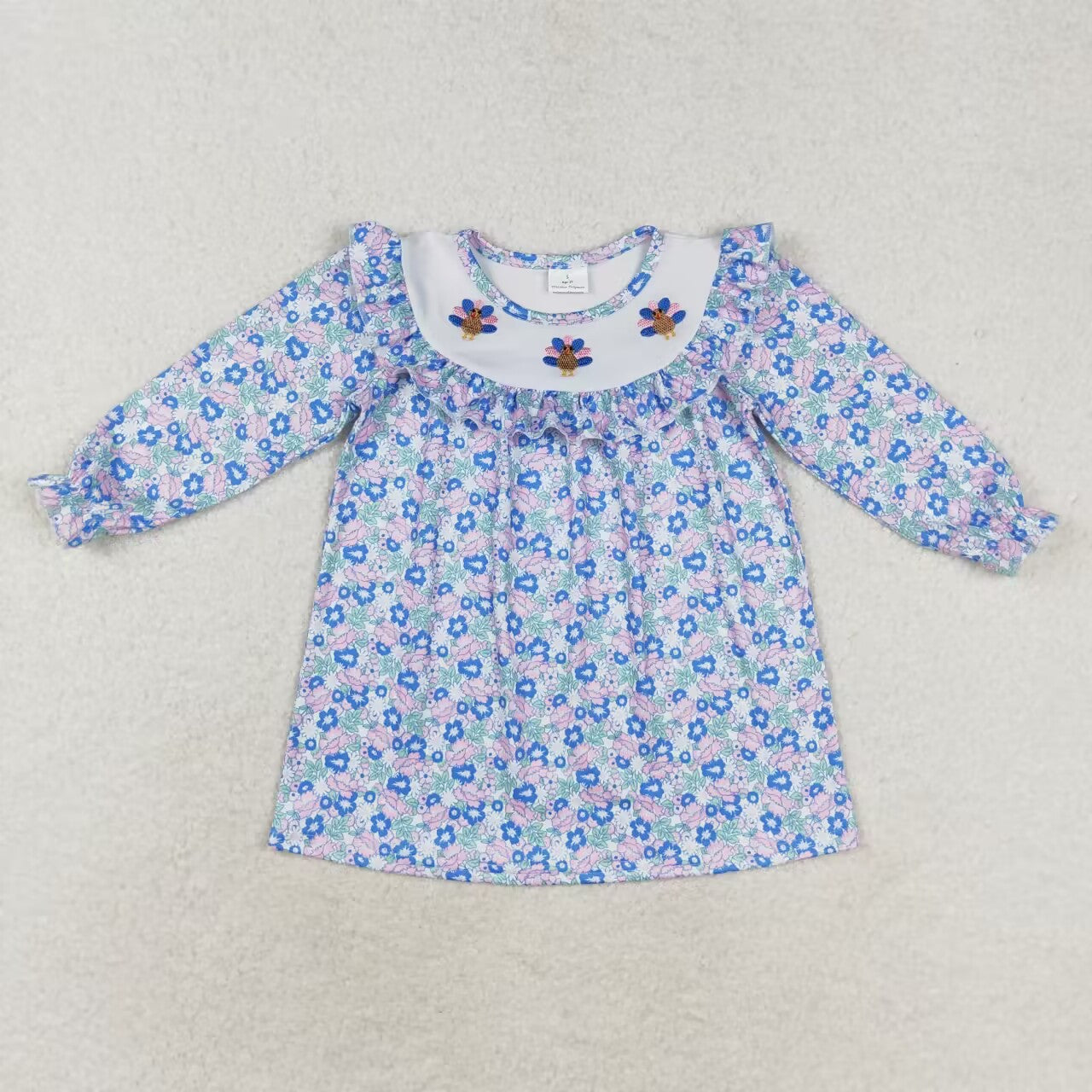 GLD0600 Turkey Embroidery Flowers Girls Thanksgiving Knee Length Dress