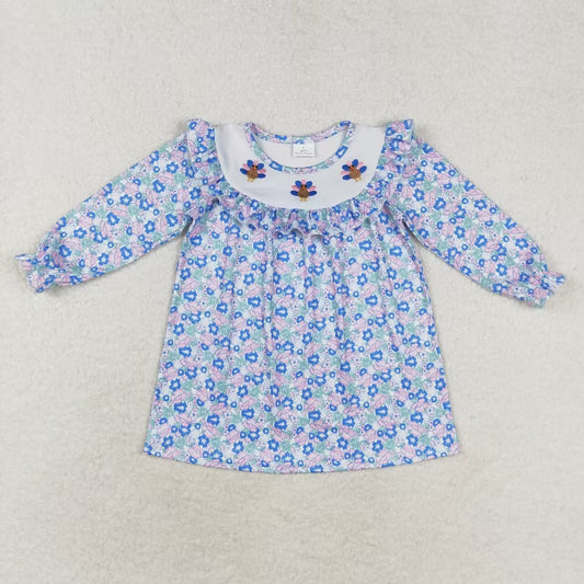 GLD0600 Turkey Embroidery Flowers Girls Thanksgiving Knee Length Dress