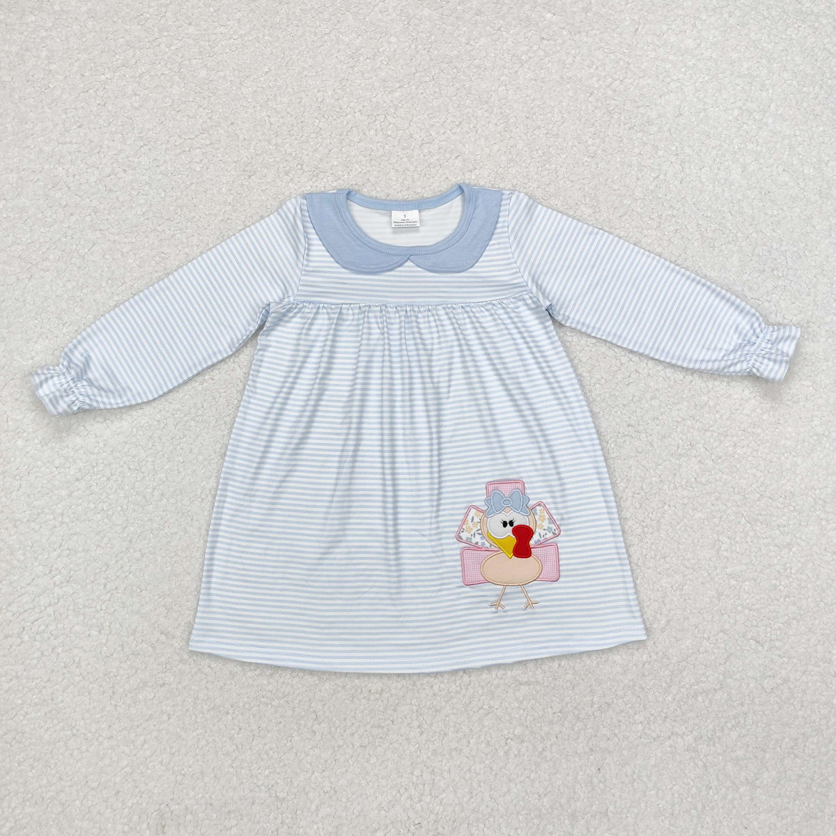 GLD0603 Turkey Embroidery Blue Stripes Girls Thanksgiving Knee Length Dress
