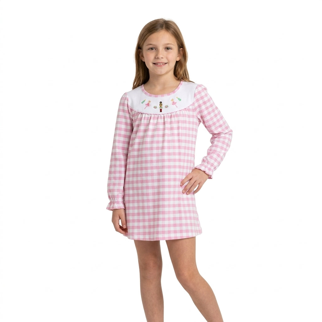 GLD0610 Nutcracke* Soldier Pink Checkered Print Girls Christmas Knee Length Dress