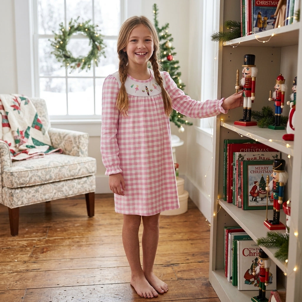 GLD0610 Nutcracke* Soldier Pink Checkered Print Girls Christmas Knee Length Dress