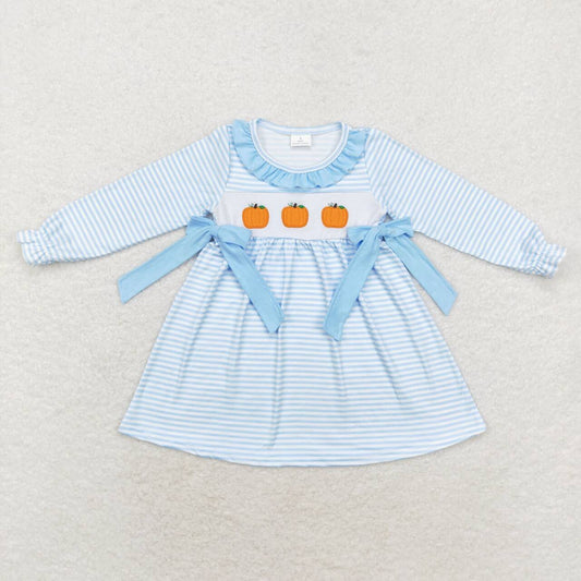 GLD0614 Pumpkin Embroidery Blue Stripes Girls Fall Knee Length Dress
