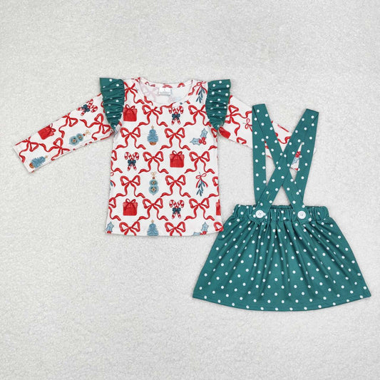 GLD0617 Candy Cane Tree Bows Top Dots Overall Skirts Girls Christmas Clothes Set