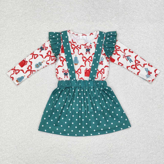GLD0617 Candy Cane Tree Bows Top Dots Overall Skirts Girls Christmas Clothes Set