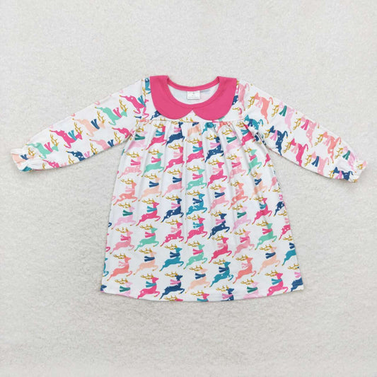 GLD0648 Colorful Deer Print Girls Christmas Knee Length Dress