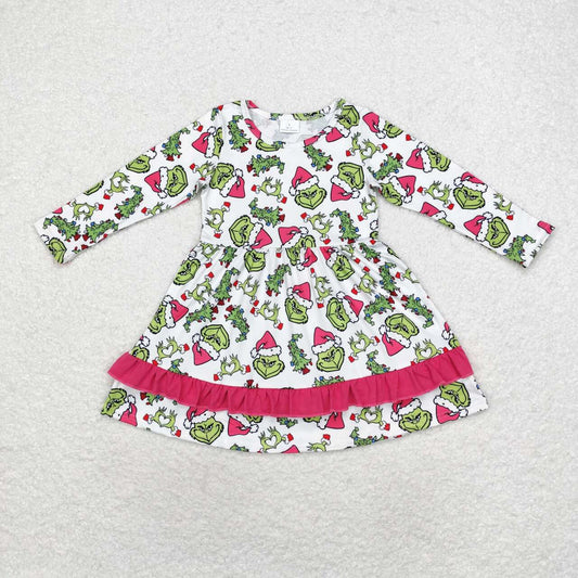GLD0651 Green Frog Print Girls Christmas Knee Length Ruffle Dress
