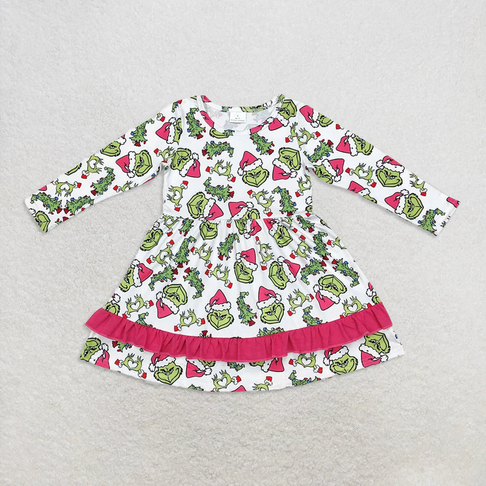 Sibling Baby Girls Grin Trees Lights Christmas Long Sleeve Dress