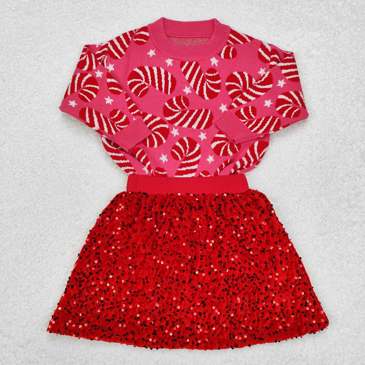 GLD0671 Candy Cane Sweater Top Red Sequins Skirts Girls Christmas Clothes Set