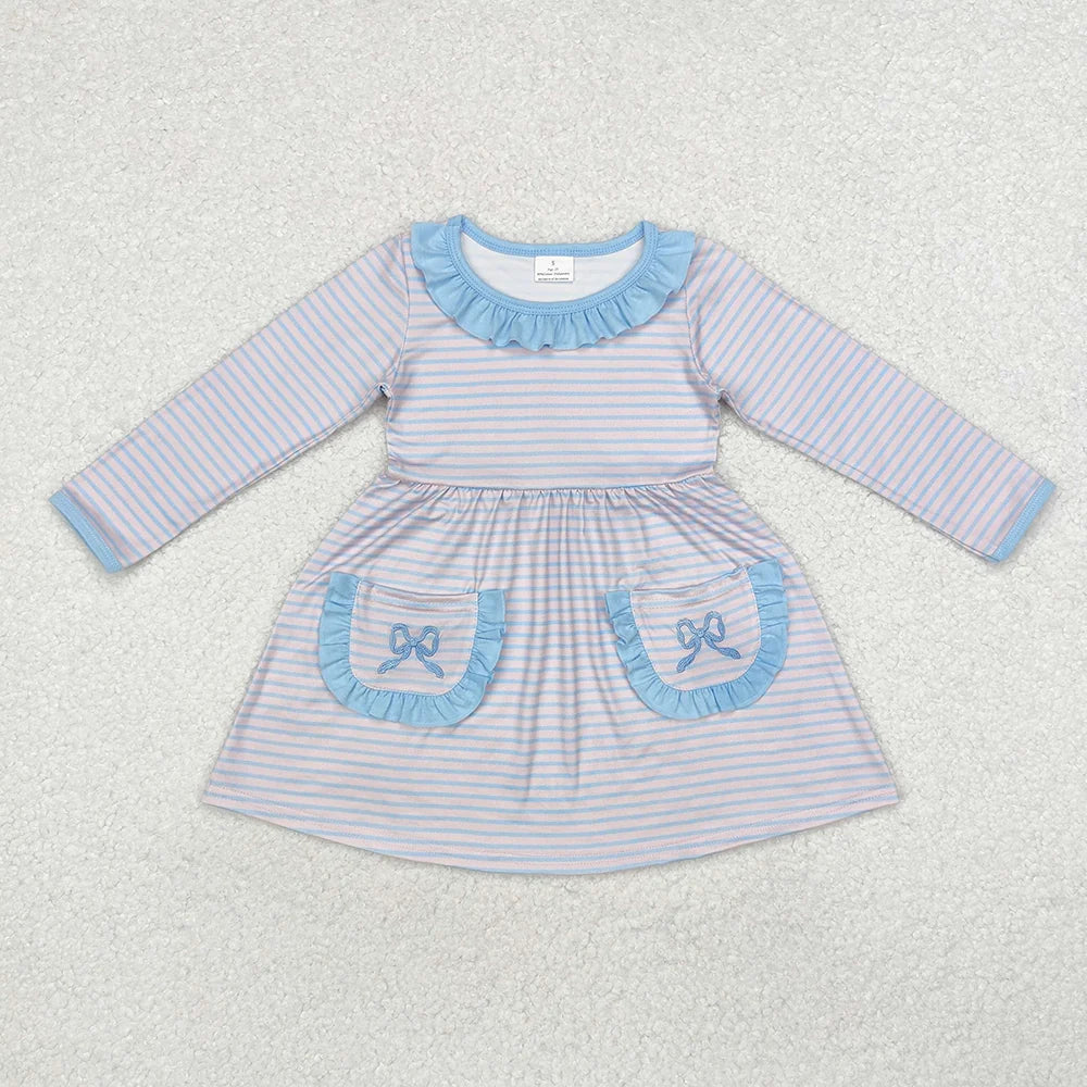 Sibling Baby Girls Pink Blue Striped Bow Outfit Dress Romper