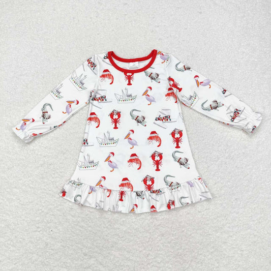 GLD0687 Pelican Crayfish Crocodile Print Girls Christmas Knee Length Dress