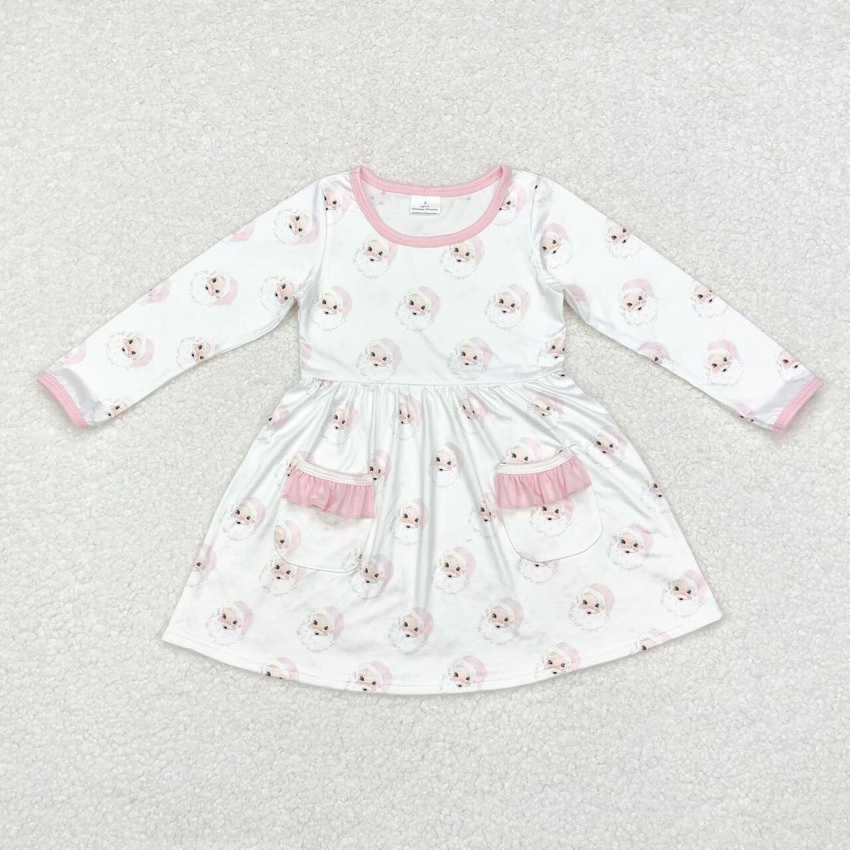 GLD0689 Santa Pink Print Pockets Girls Christmas Knee Length Dress