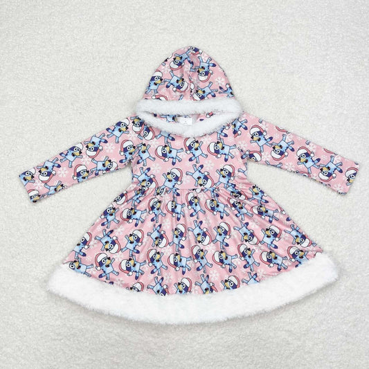 GLD0724 Cartoon Dog Print White Fur Edge Girls Christmas Knee Length Hoodie Dress