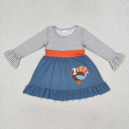GLD0731 Turkey Embroidery Stripes Girls Thanksgiving Knee Length Dress