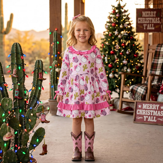 GLD0753 Cowgirl Santa Cactus Girls Christmas Long Sleeve Knee Length Ruffle Dress