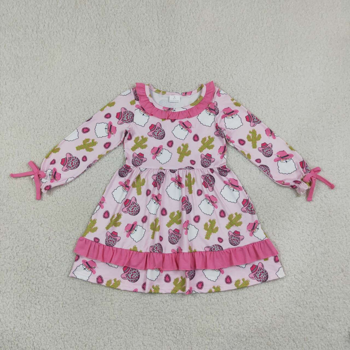 GLD0753 Cowgirl Santa Cactus Girls Christmas Long Sleeve Knee Length Ruffle Dress