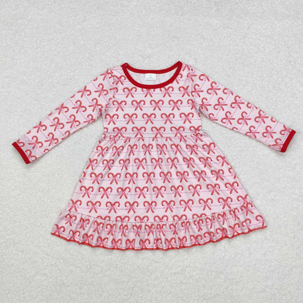 GLD0774 Candy Cane Bows Print Girls Christmas Knee Length Dress