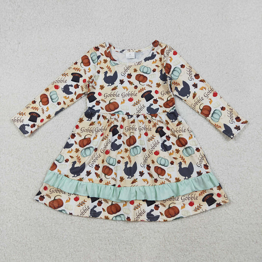 GLD0789 Turkey Pumpkin Gobble Print Girls Thanksgiving Knee Length Dress