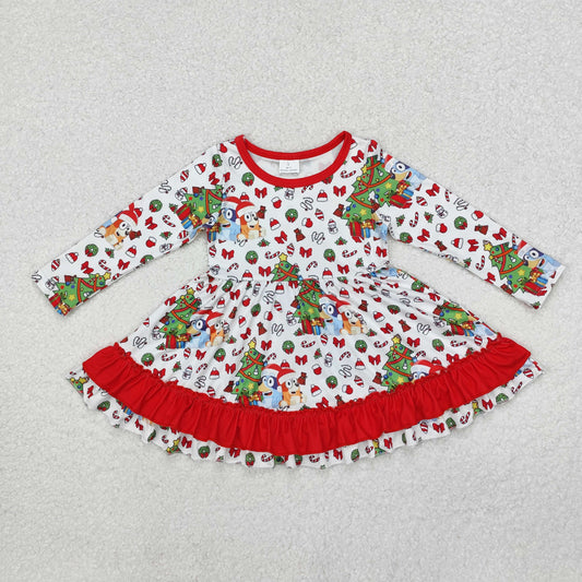 GLD0792 Cartoon Dog Print Girls Christmas Knee Length Ruffle Dress