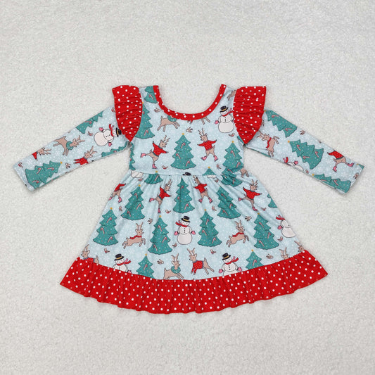 GLD0794 Snowman Deer Tree Print Girls Christmas Knee Length Dress