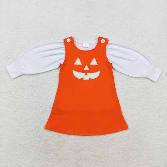 GLD0807 White Top Smiling Face Embroidery Orange Dress Girls Halloween Cotton Clothes Set
