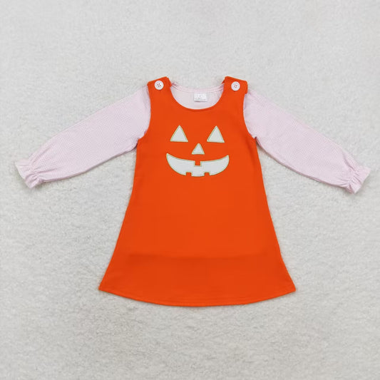 GLD0808 Checkered Pink Top Smiling Face Embroidery Orange Dress Girls Halloween Clothes Set