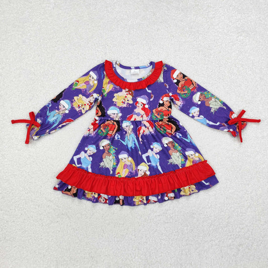 GLD0815 Cartoon Princess Print Girls Christmas Knee Length Dress