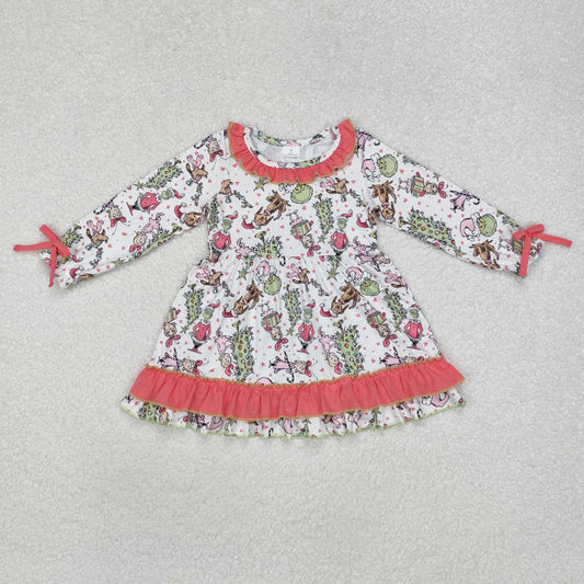GLD0834 Green Frog Friends Tree Stars Print Girls Christmas Knee Length Dress