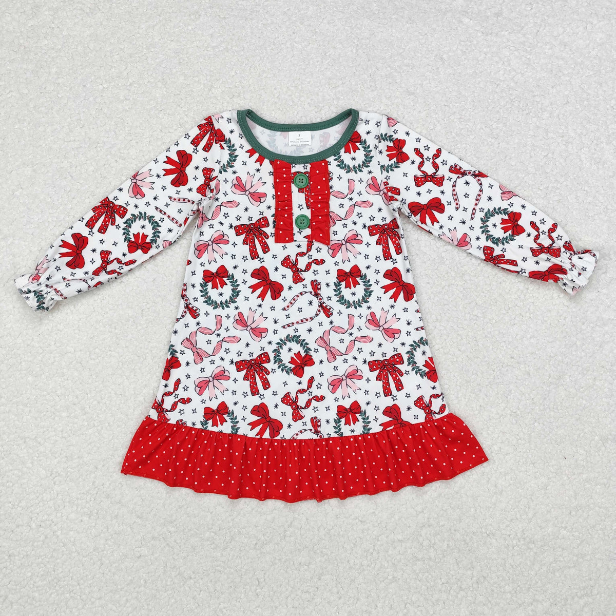 GLD0855 Red Bows Stars Print Girls Christmas Knee Length Dress