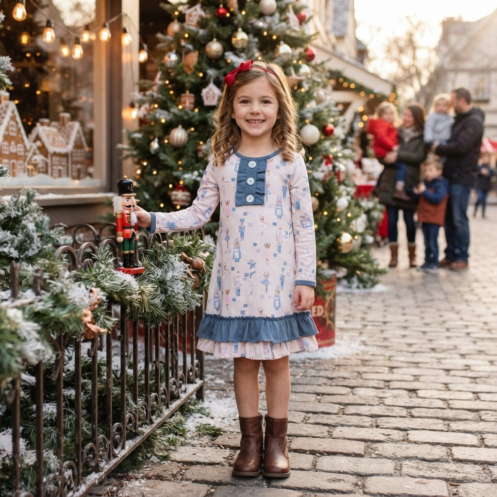 GLD0874 Nutcracke* Soldier Print Girls Christmas Knee Length Ruffle Dress