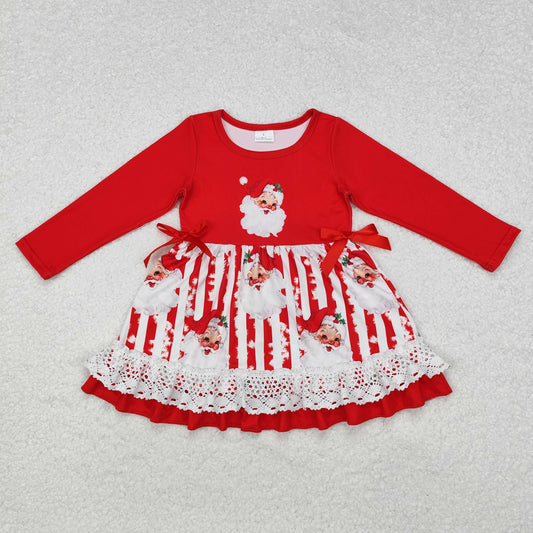 GLD0881 Santa Stripes Print Girls Christmas Knee Length Ruffle Dress
