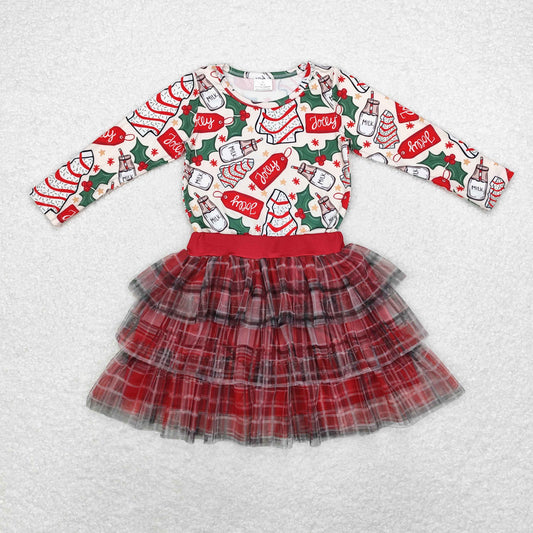 GLD0883 Debbie Cake Milk Holly Top Checkered Tulle Skirts Girls Christmas Clothes Set